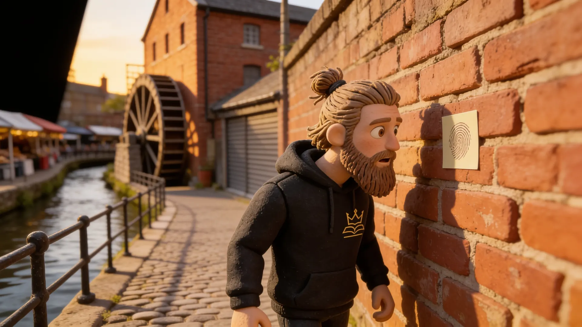 A bearded man in a black Proud Of Us hoodie stops by an old red-brick mill wall beside a waterwheel at golden hour, leaning in to read a small sticker