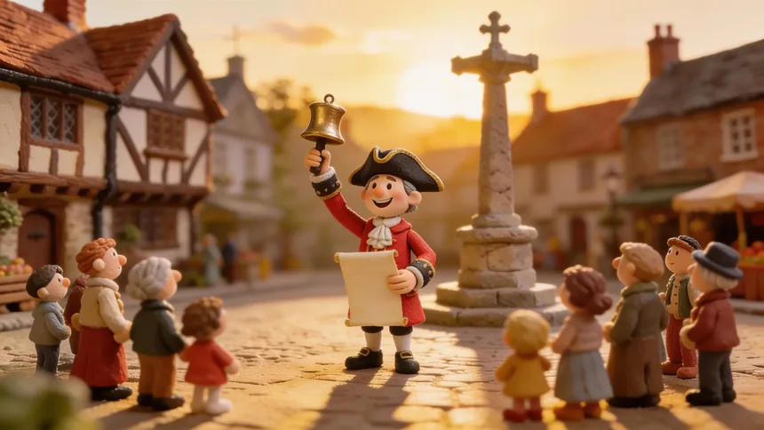 A clay town crier ringing his bell in a village square at sunrise, villagers gathered round to listen