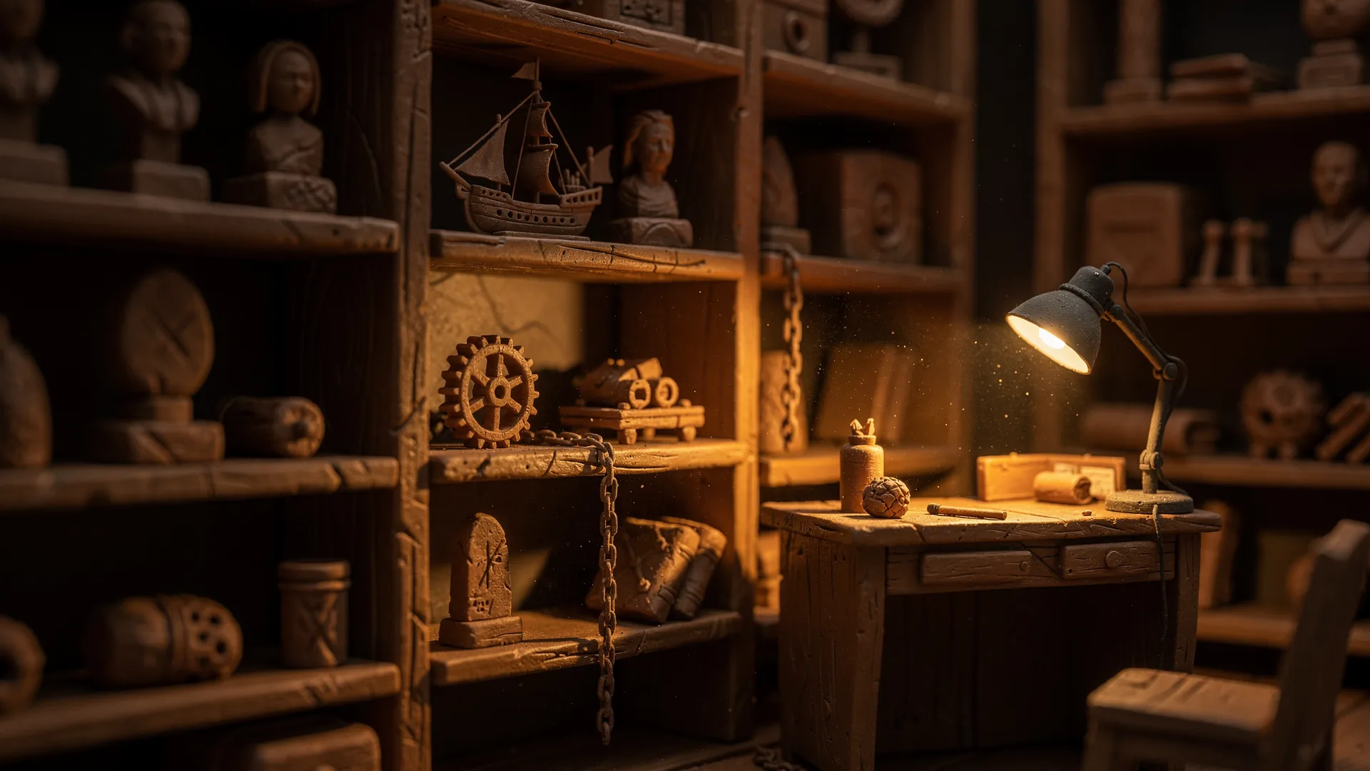 A warm lamplit clay archive room, wooden shelves receding into soft darkness holding small clay busts and artefacts