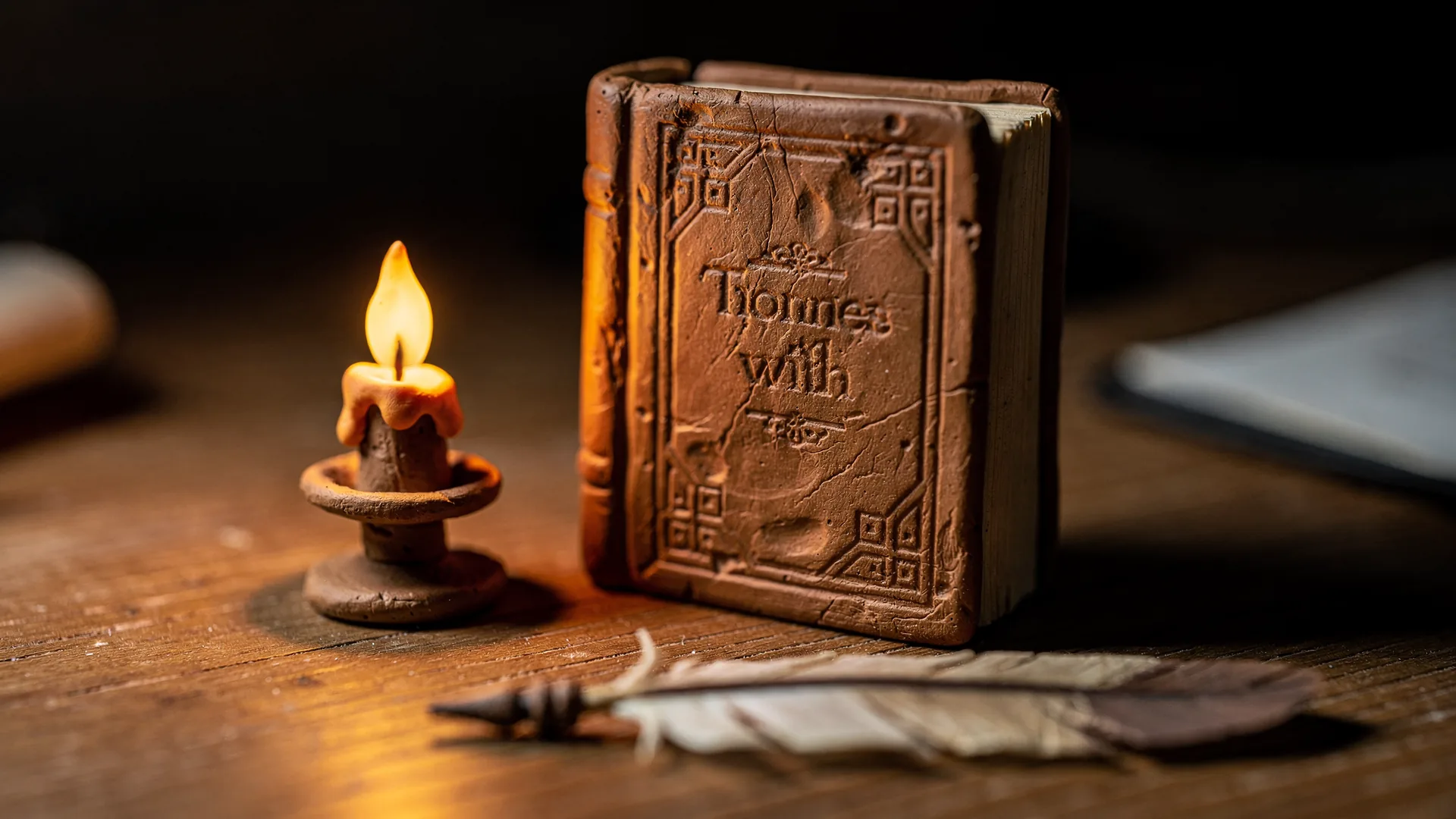 A thick clay-bound book standing upright on a writing desk beside a guttering candle and quill