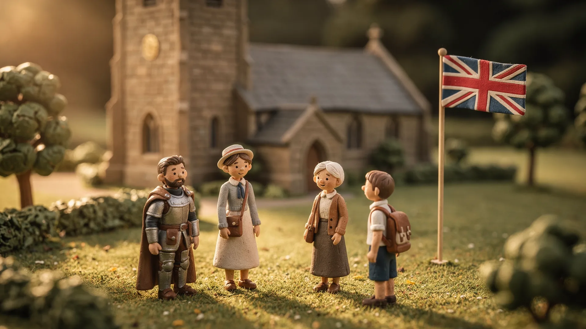 A sunlit clay village green outside a small parish church, clay figures from across the centuries standing together in easy conversation