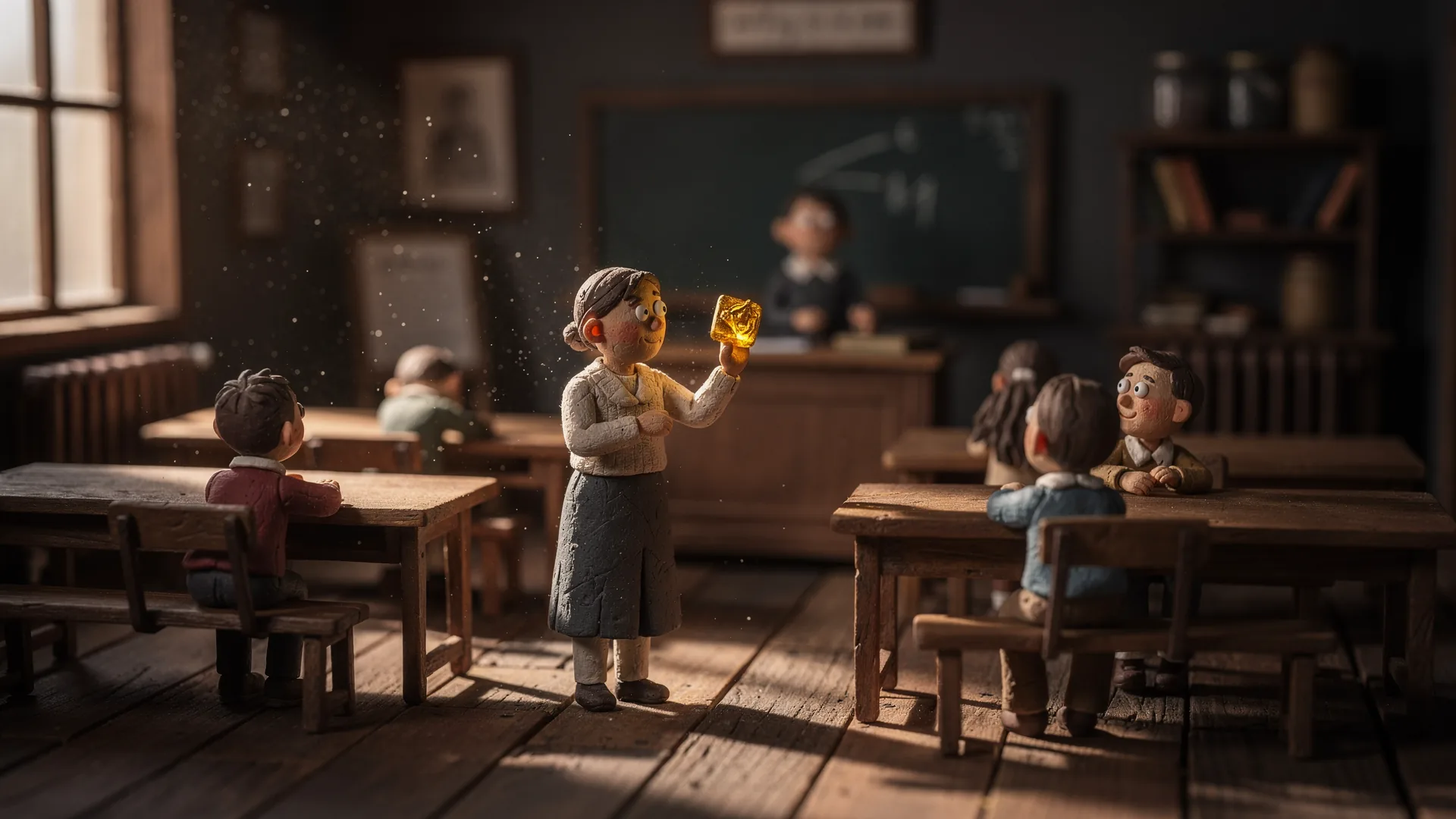 A clay schoolroom, children of clay leaning toward a teacher holding a small golden object, warm window light across wooden desks