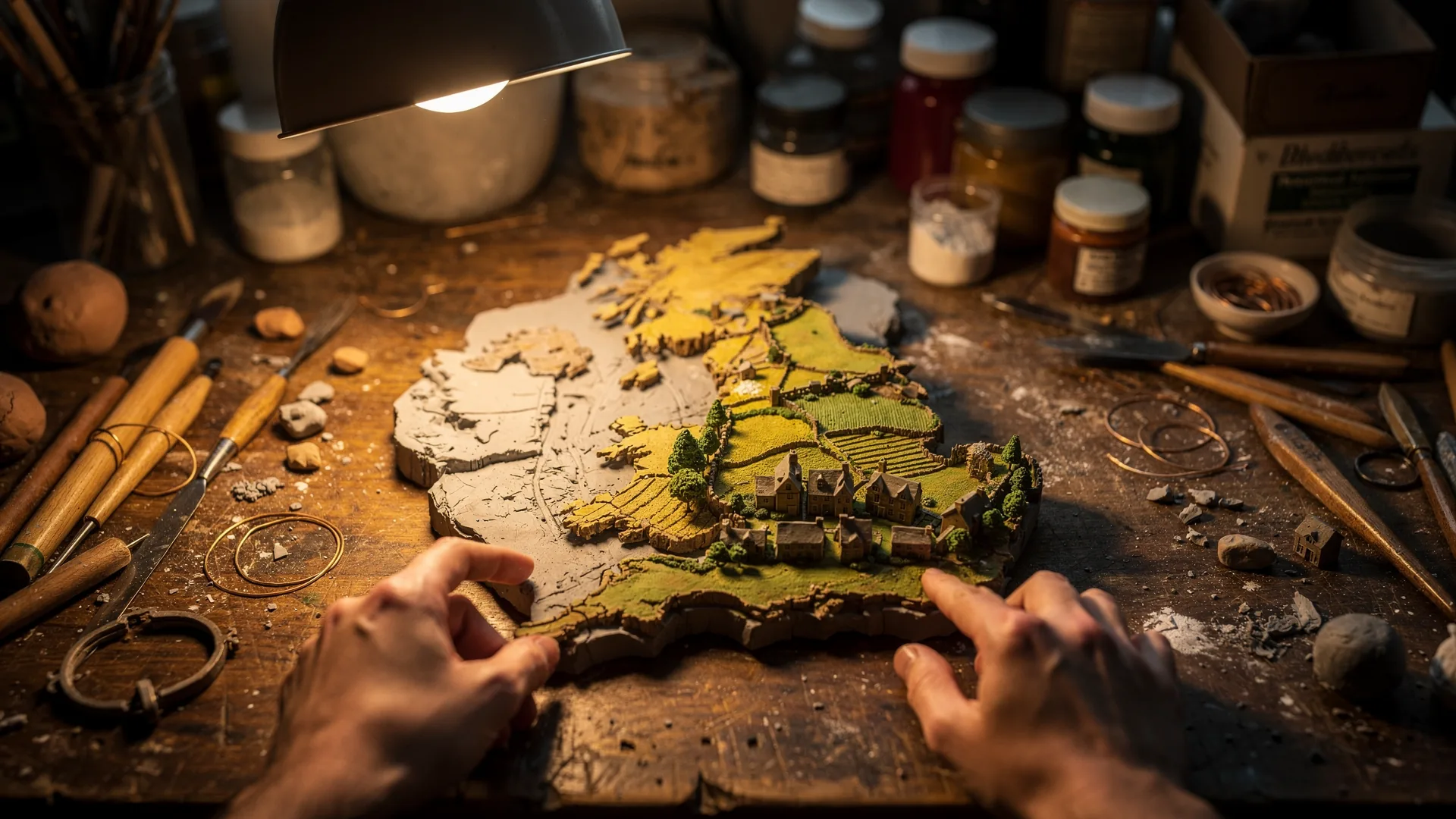 A sculptor's workbench from above, two real-scale hands pressing a tiny clay village into place on a miniature Britain under construction