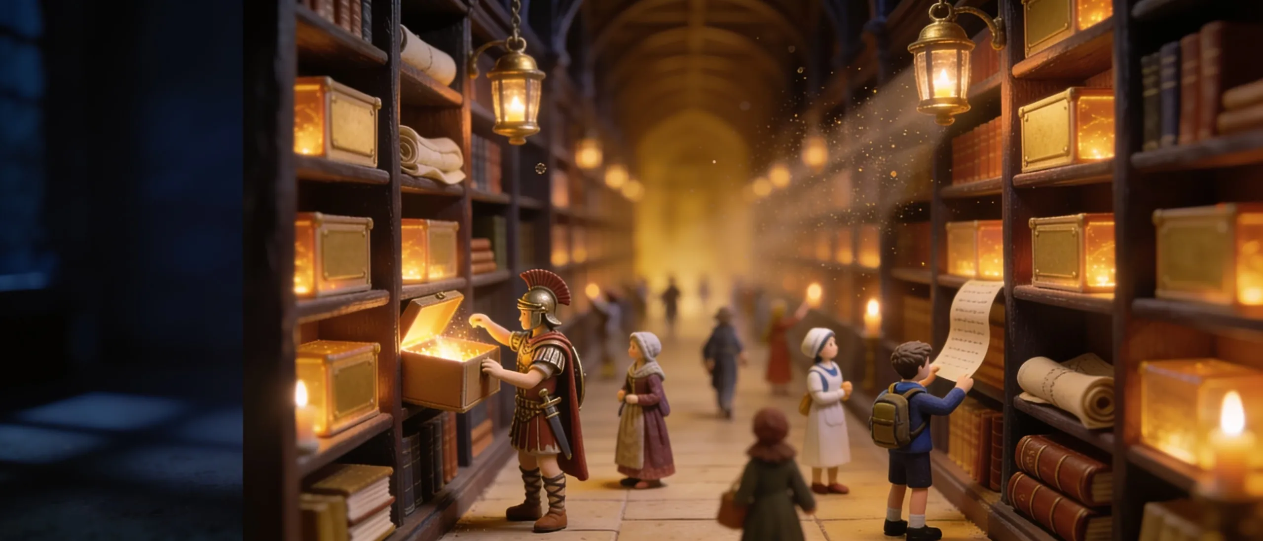 A great candlelit archive hall in clay miniature: tall shelves of glowing story boxes, with figures from across British history, a Roman soldier, a medieval woman, a Victorian girl and a modern schoolboy, opening stories along the aisle