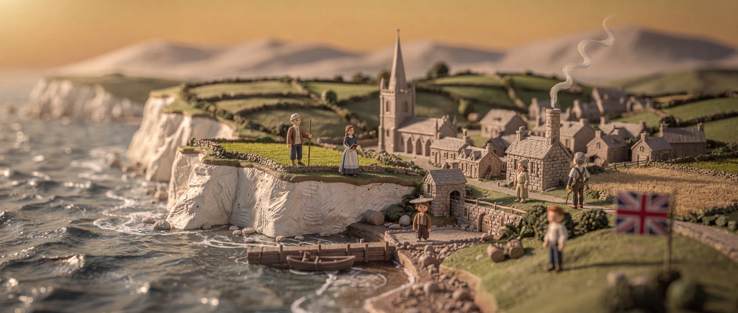 The British Isles as one continuous handmade clay miniature landscape at golden hour, chalk cliffs and villages and harbours, tiny clay figures from many centuries scattered across it