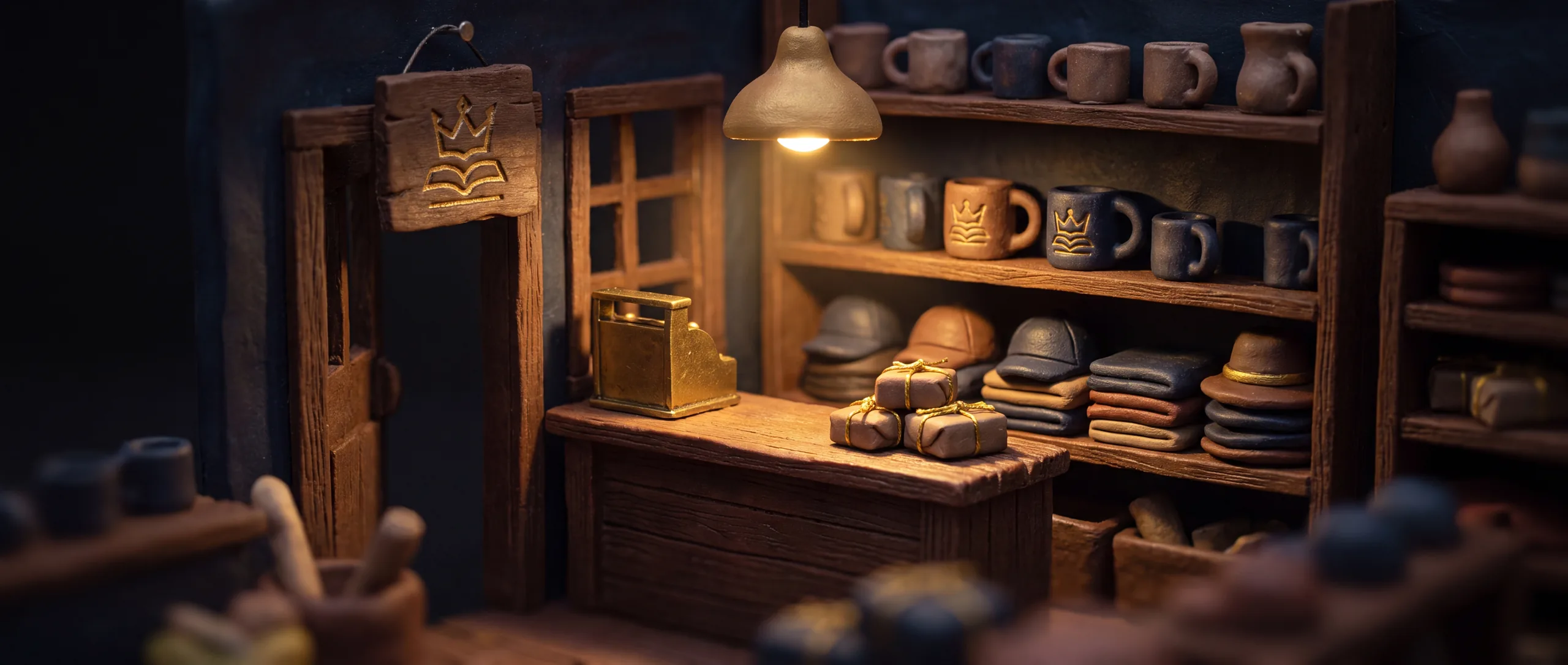 The interior of a tiny handmade clay shop, lamplit wooden shelves stocked with miniature mugs bearing a gold crown-and-book emblem, hats and parcels tied with gold thread, a small wooden counter with a brass till