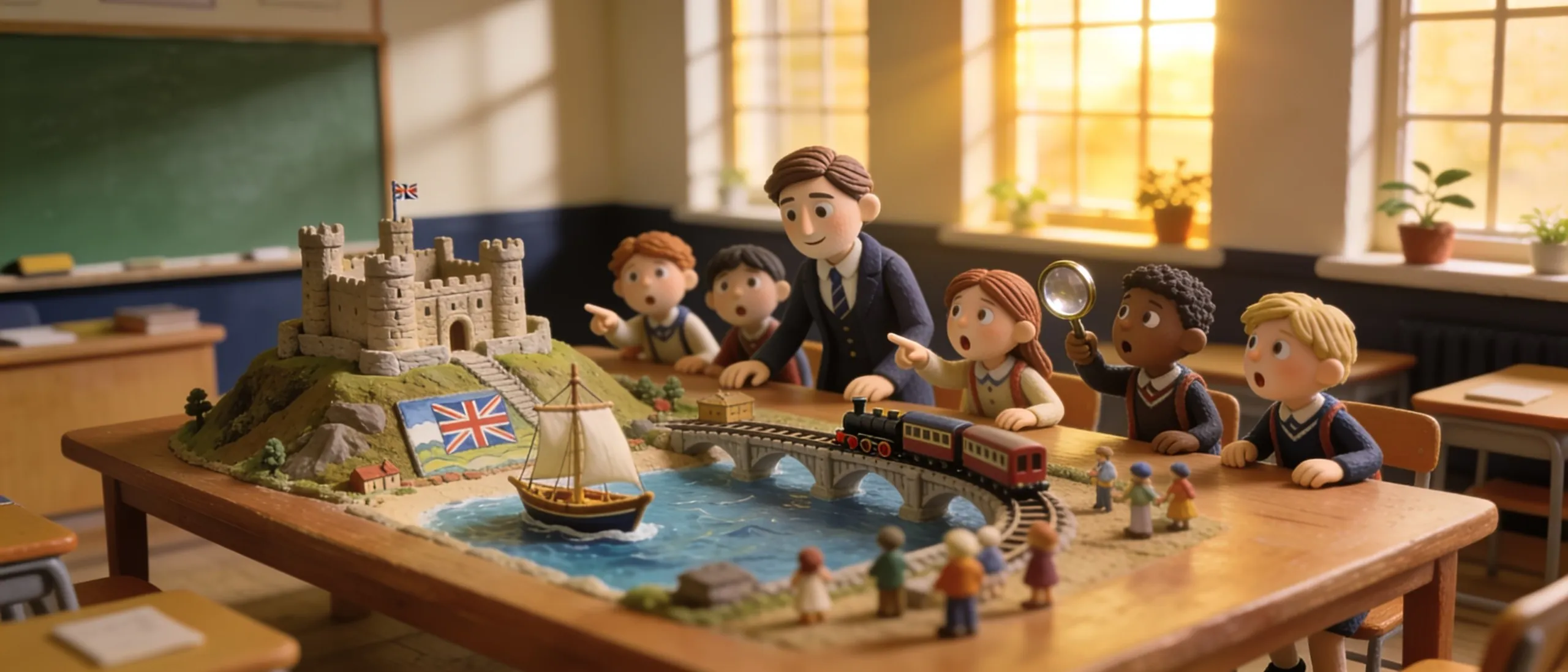 A clay classroom where a teacher and pupils gather round a table on which a tiny model of British history comes to life: a castle on a hill, a sailing ship and a steam train crossing a bridge