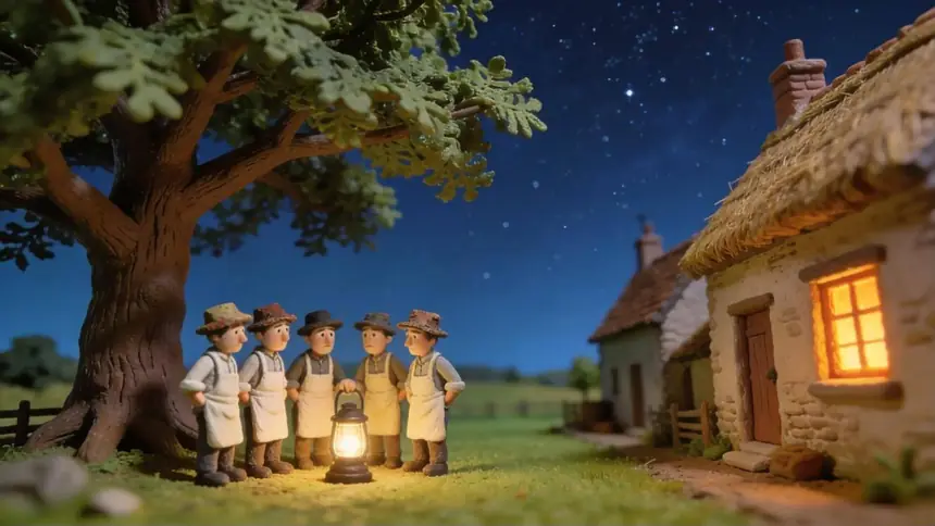 Clay figures of the Tolpuddle Martyrs gathered under a tree at night by lantern light
