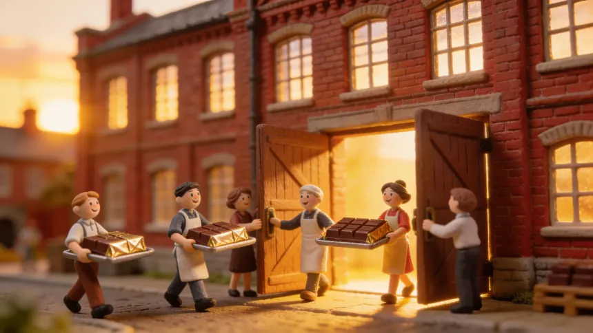 Workers carrying trays out of a red-brick factory at sunset