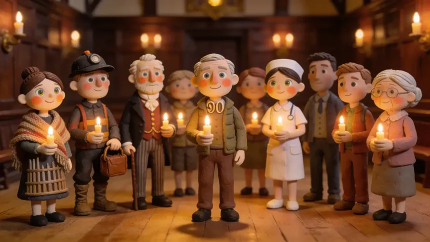 Ordinary people of every age holding candles together in a wood-panelled hall