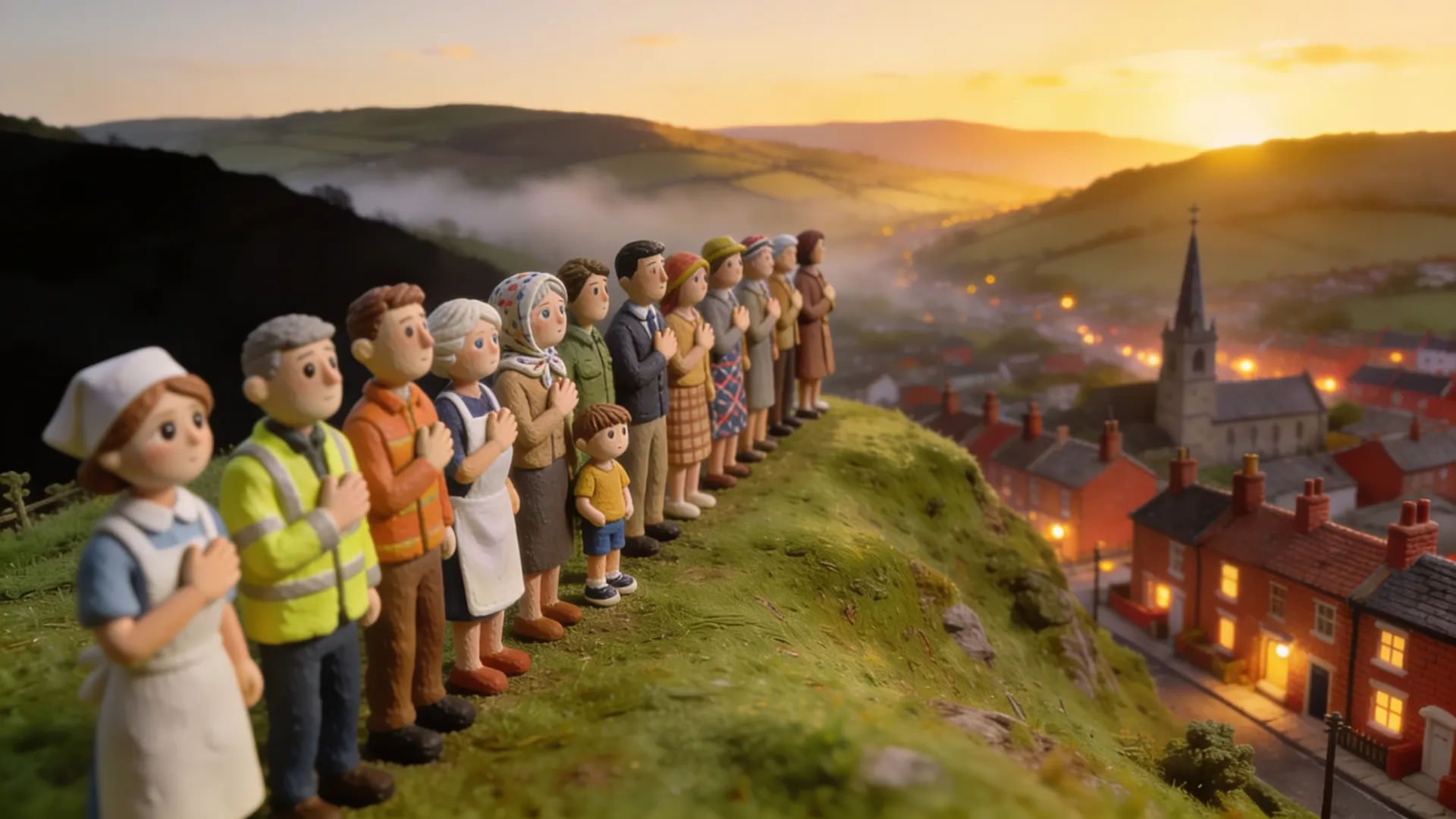 Clay figures of ordinary British people of every age stand side by side on a hilltop at dawn, hands on their hearts, above a town waking up