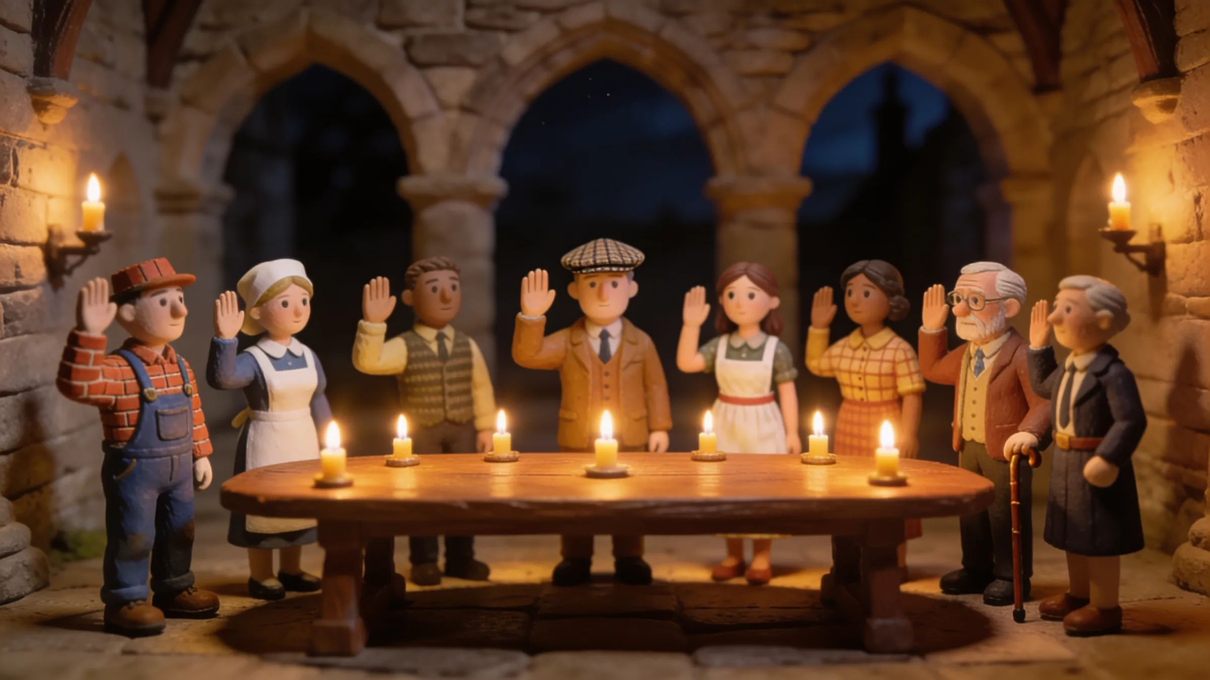 Clay figures of ordinary people of every age and trade raising their right hands to swear an oath around a candlelit table in an old stone hall