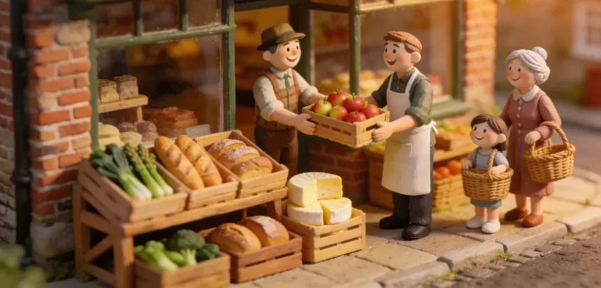 Shopkeepers and a family at a market stall full of bread, cheese and vegetables