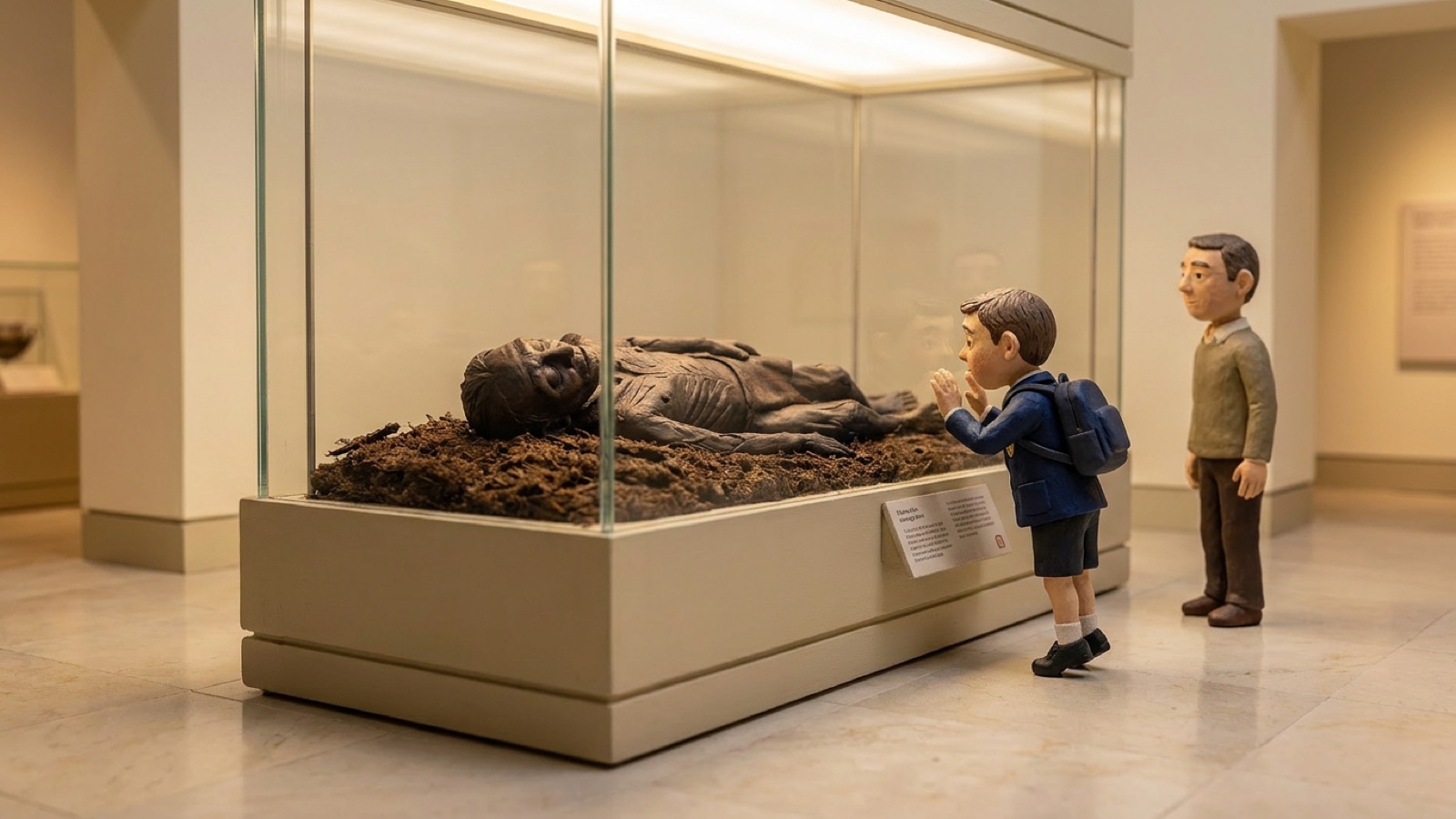 Clay diorama of Lindow Man on display in the British Museum, Room 50, with a schoolchild leaning in to see his preserved body