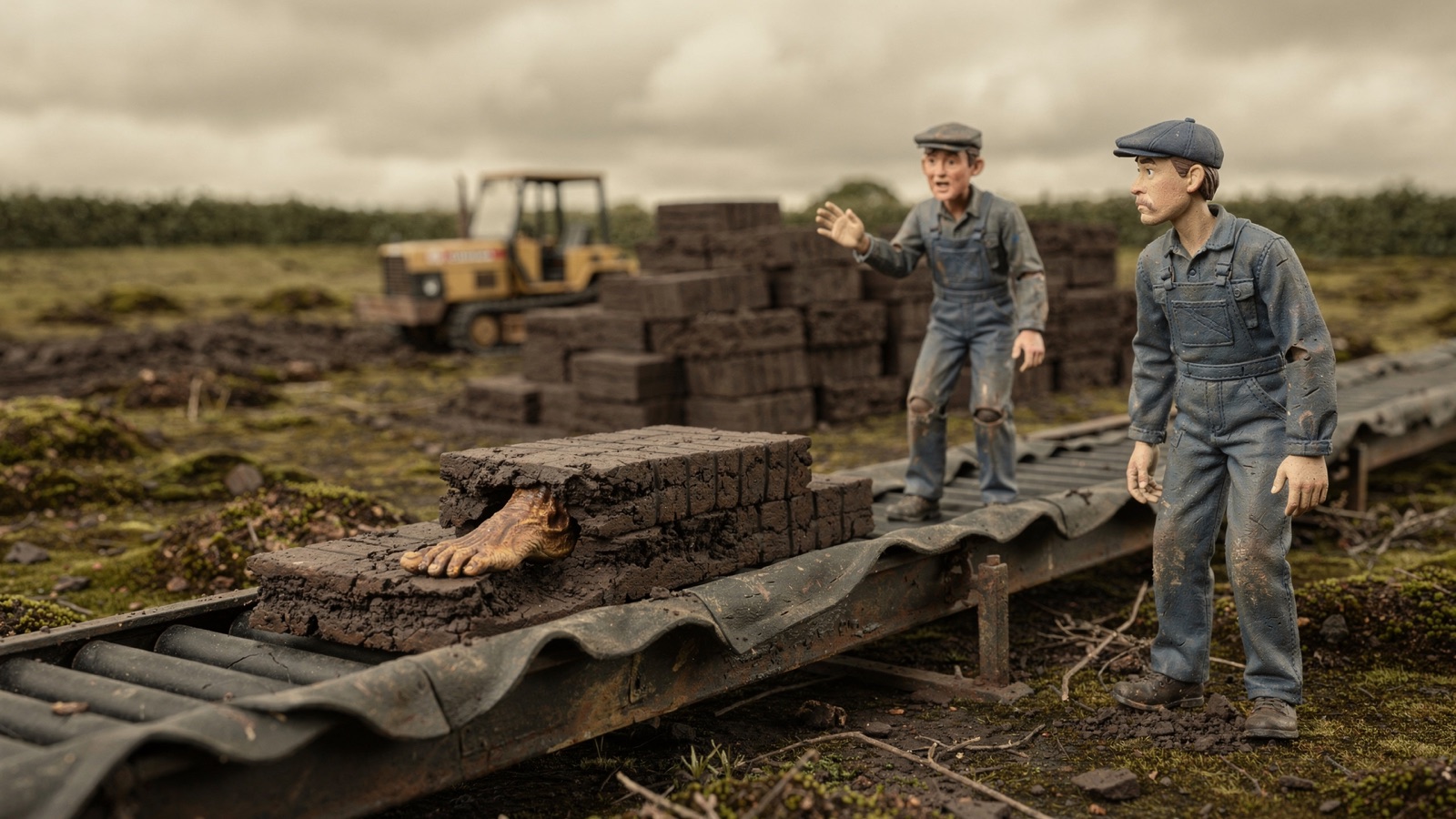 Clay diorama of the 1984 Lindow Moss discovery, a human foot emerging from cut peat on the conveyor belt as two peat workers react
