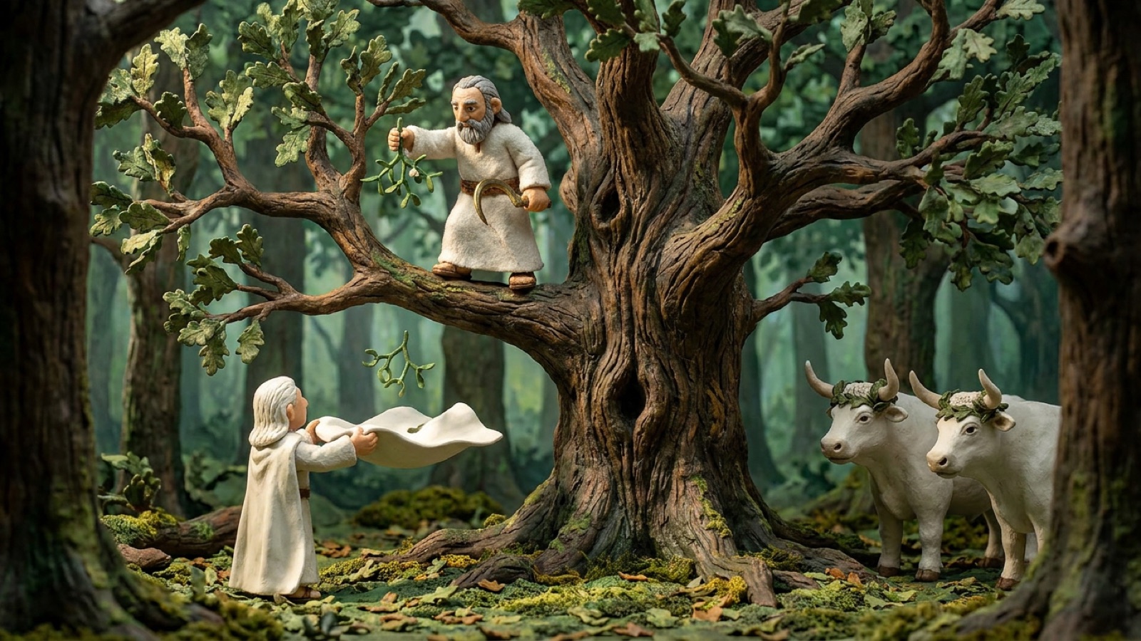 Clay diorama of the Druidic mistletoe ritual, a white-robed priest in an oak tree with a golden sickle, two white bulls watching