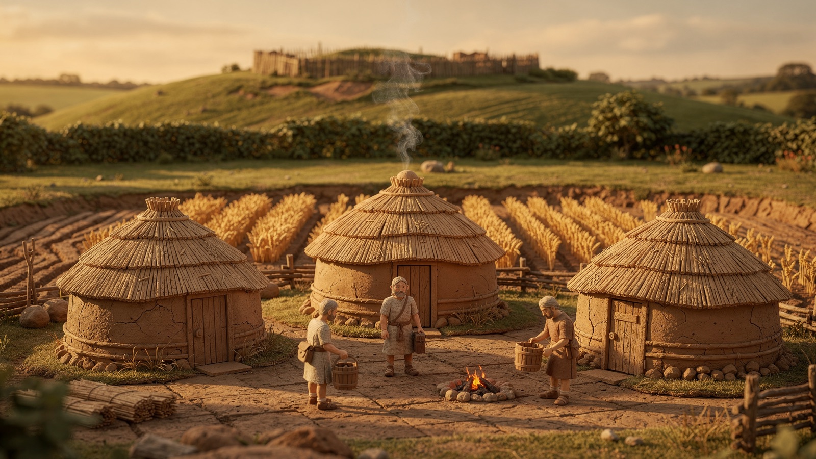 Clay diorama of an Iron Age Cheshire settlement with thatched roundhouses, golden fields and a hill fort in the distance