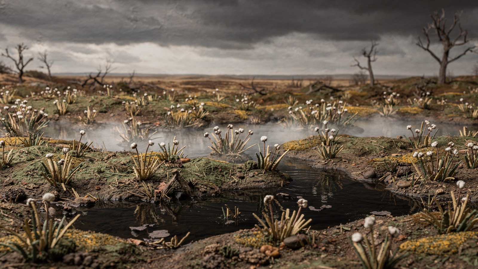 Clay diorama of Lindow Moss, the Cheshire peat bog, with rushes, dark pools and low mist under a heavy sky