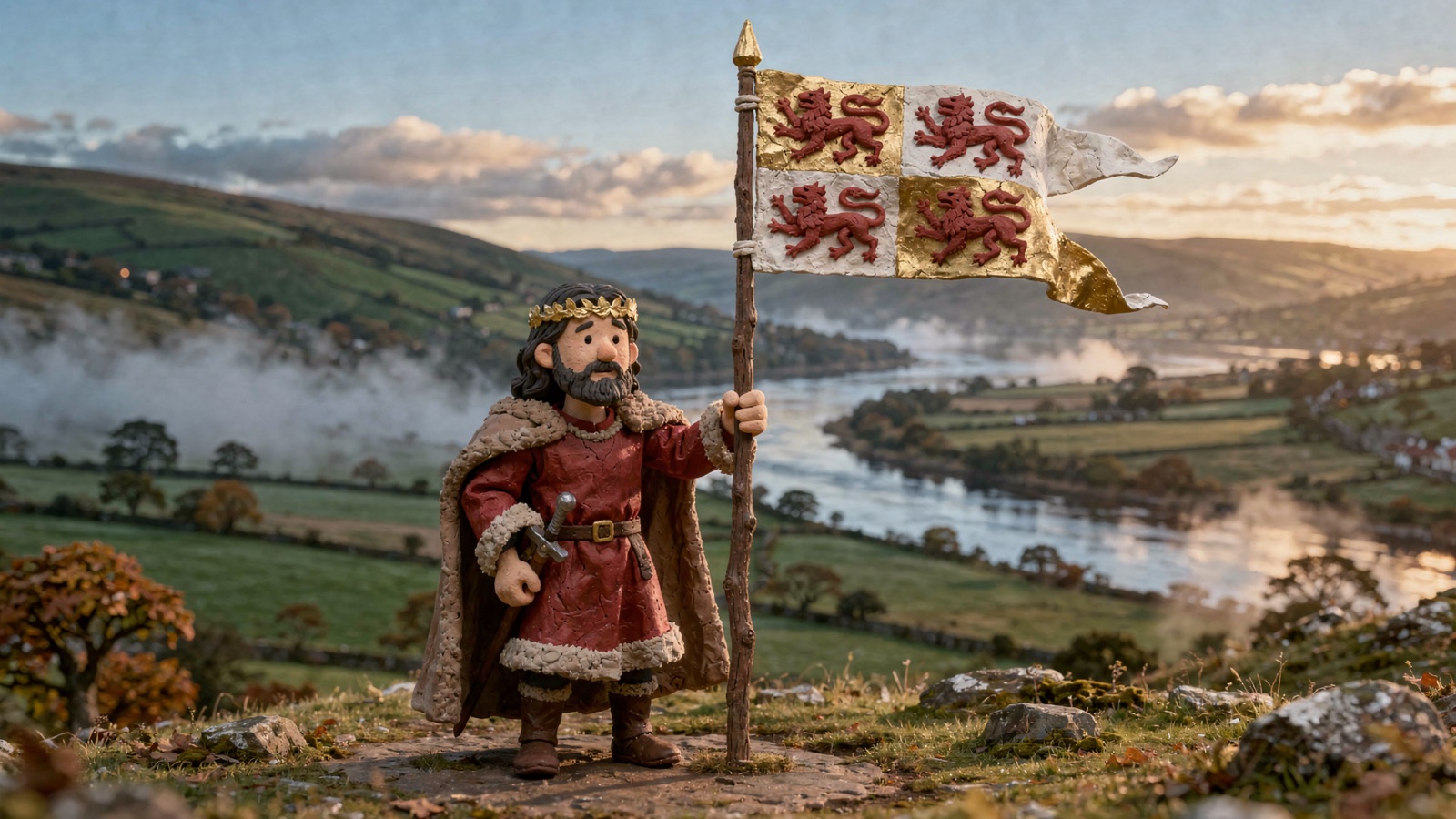 Owain Glyndŵr raising the banner of four red lions above the valley of Glyndyfrdwy