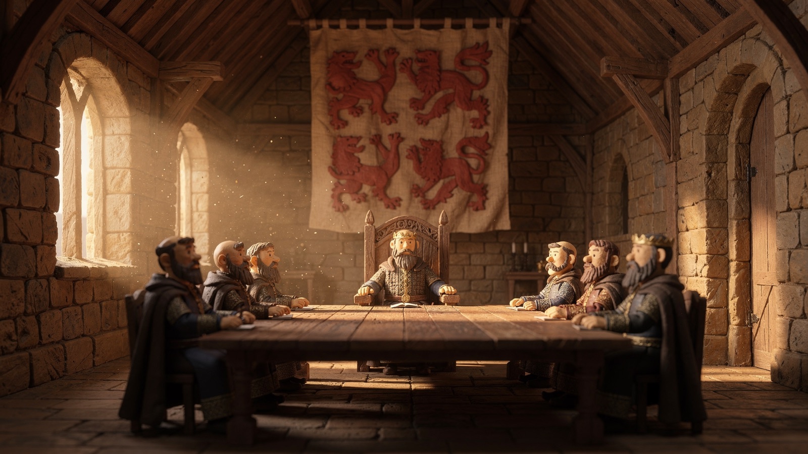 The Machynlleth Parliament hall in 1404, Glyndŵr at the head of the long oak table beneath the four red lions banner