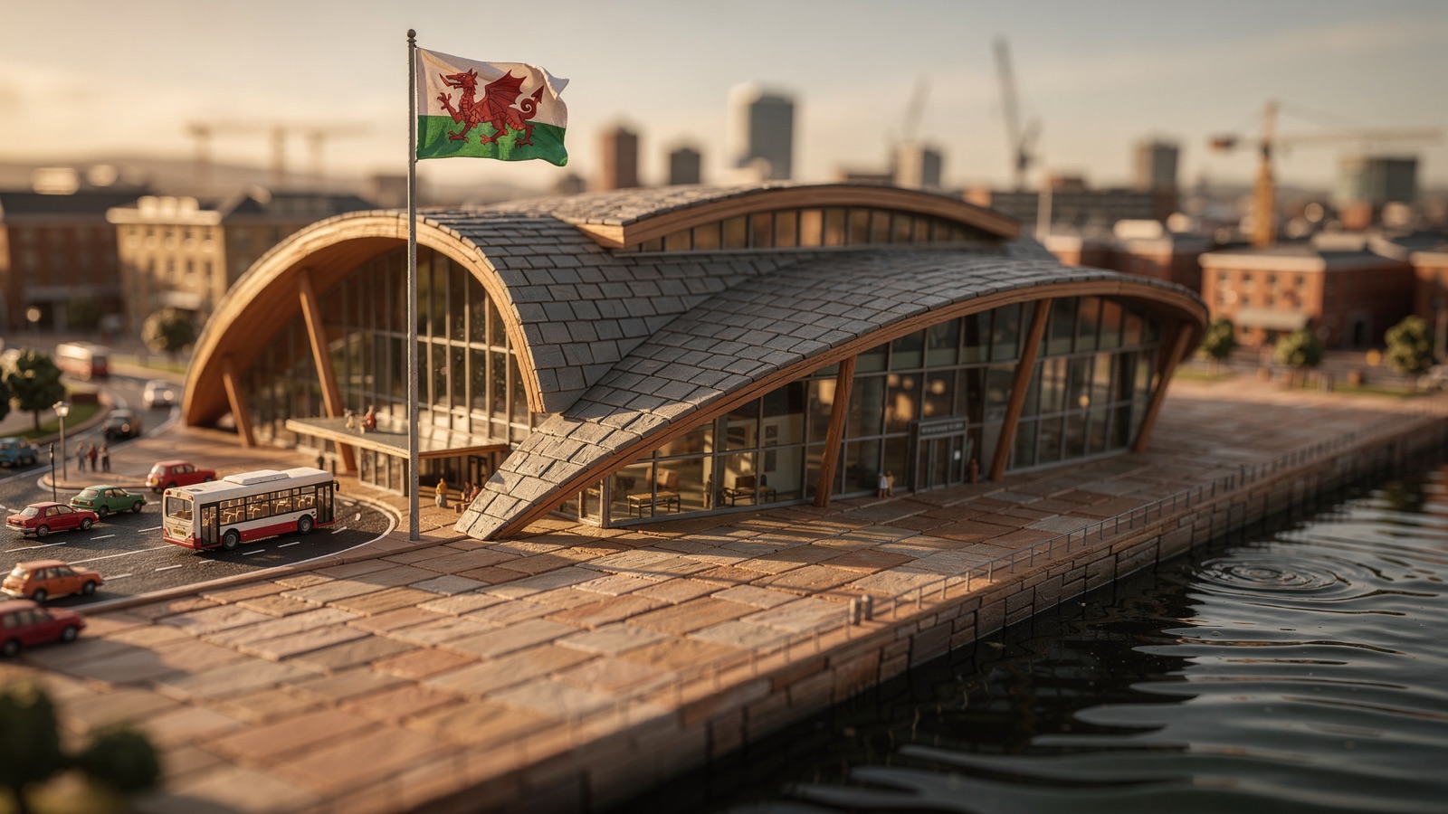 The Senedd, parliament of Wales, in Cardiff Bay with the Welsh Dragon flag flying