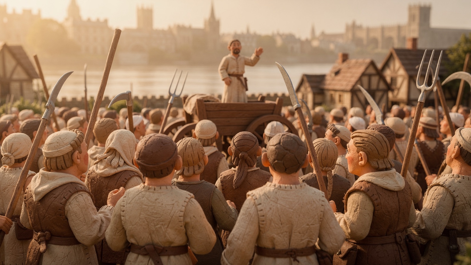 Clay diorama of the gathering at Blackheath in June 1381, fifty thousand peasants packed across the field with London visible across the Thames