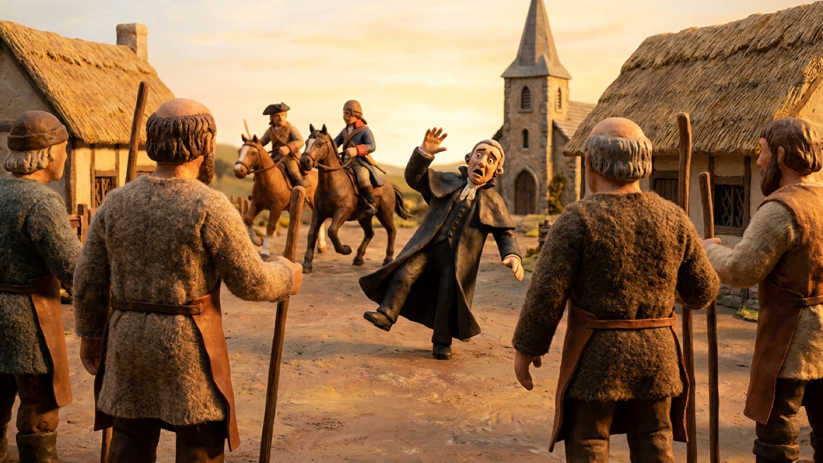 Clay diorama of the villagers of Fobbing in Essex driving out the Poll Tax commissioner Thomas Bampton in May 1381