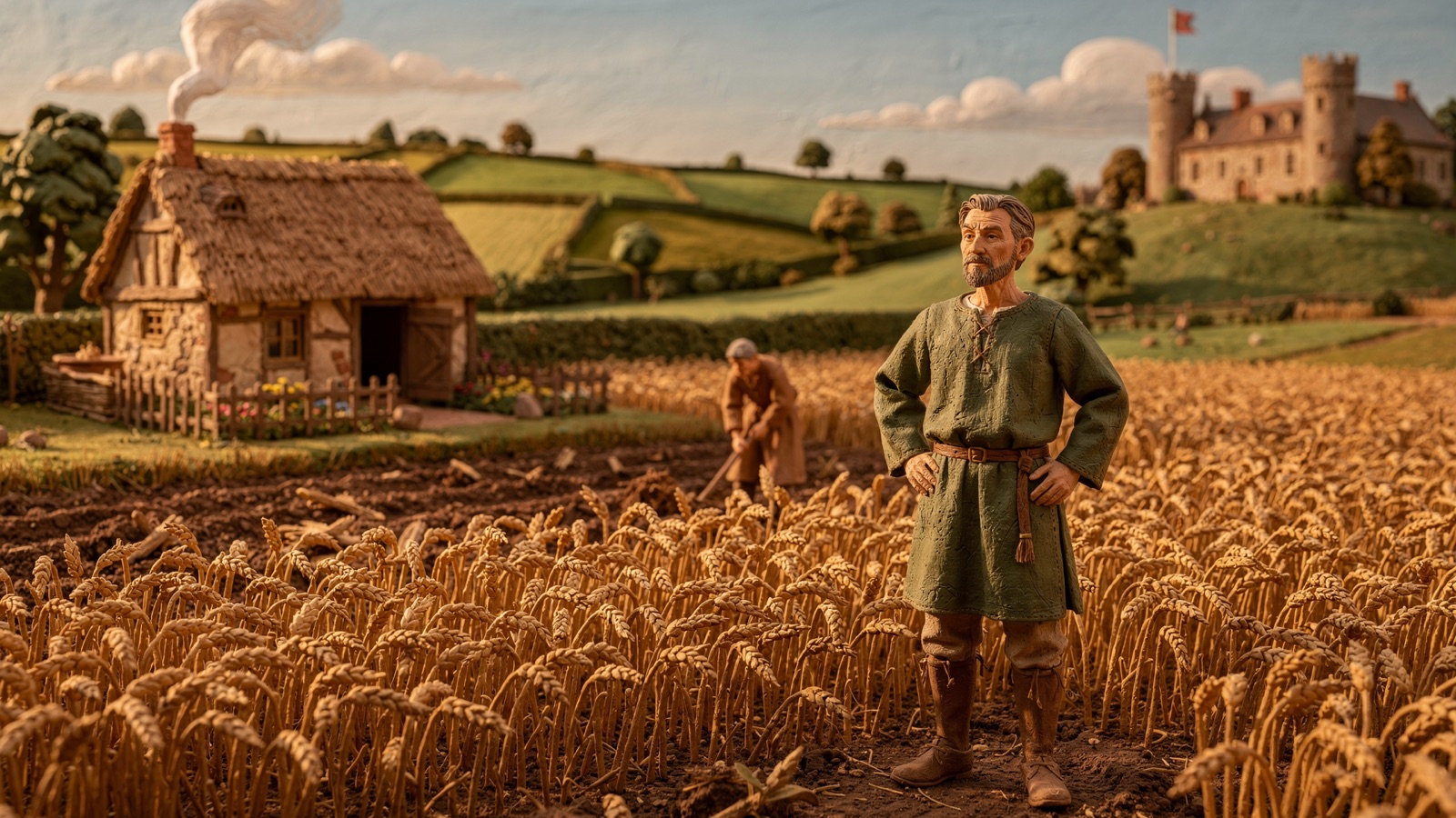 Clay diorama of a free English peasant on his own land around 1400, fifteen years after the Peasants' Revolt