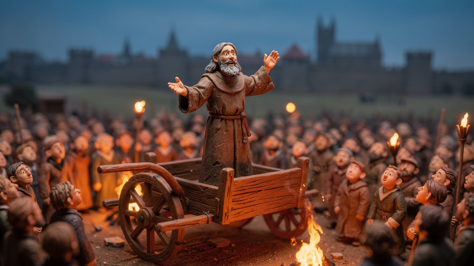 Clay diorama of John Ball preaching from a cart at Blackheath on the night of 13 June 1381, the crowd holding torches around him