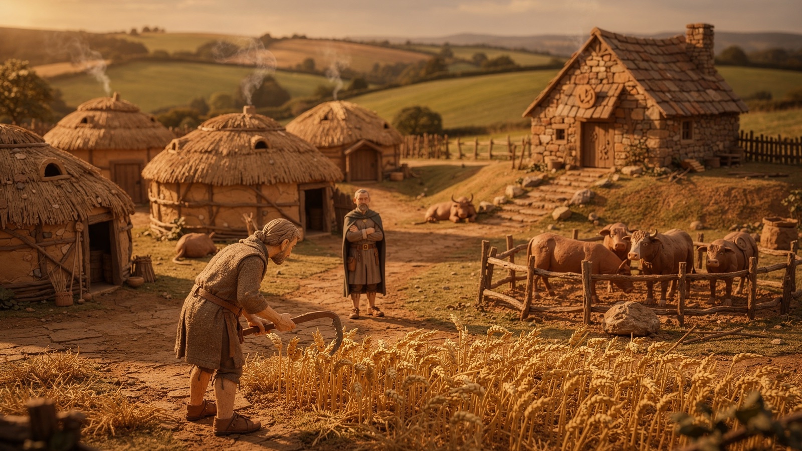 Clay diorama of medieval English village life before 1381, a serf at work in the field with the lord's steward watching